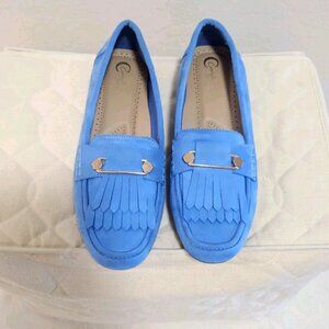 Womens COMFORT Brand Velvety Loafers Flats Shoes 8 Blue Slip On Gold Bar Accent